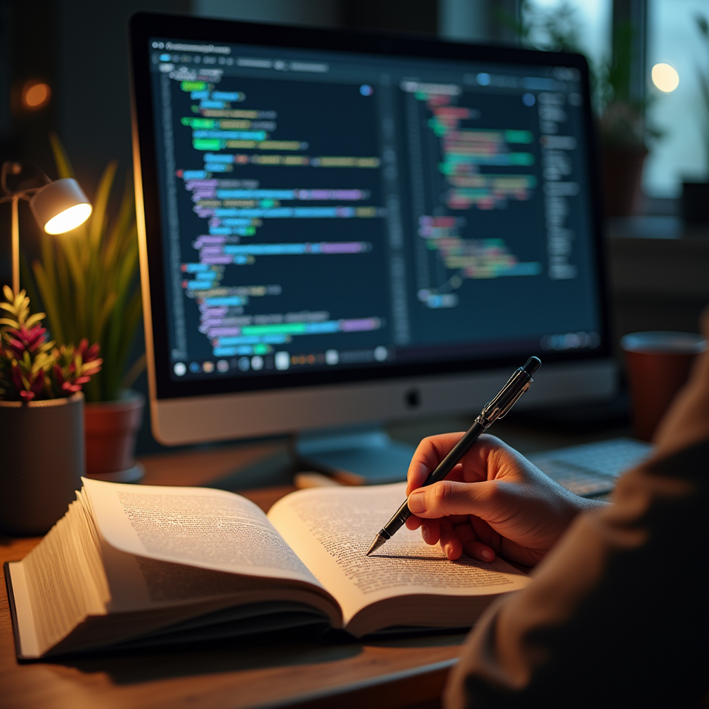 A Student studying coding and programming language by using Devora AI platform and textbooks